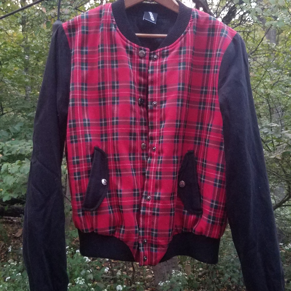 Red Plaid Bomber Jacket with Black Sleeves